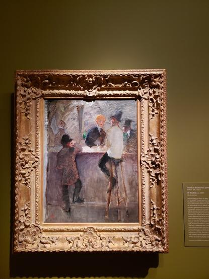 Painting in ornate frame of 2 men at bar, facing bartender. One man is short and has very little of his shoes showing. Other man is tall on a stool, with white shirt and seems to have only one leg, which is unlikely....and his foot is long with indistinct shoe and perhaps a spat.