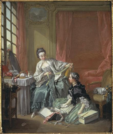 A painting of a woman in 18th century taffeta sitting by a window, measuring a long length of ribbon. Another woman sits on the ground before her, and they are surrounded in fashion notions and boxes. a cat sleeps on a chair behind them, and lovely coral colored curtains hang on the background.