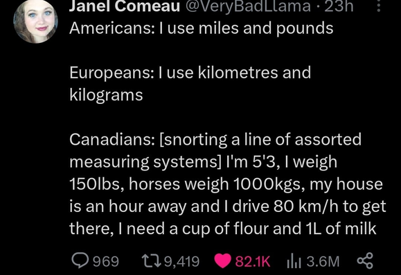 Janel Comeau @VeryBadlLlama 

Americans: I use miles and pounds

Europeans: I use kilometres and kilograms

Canadians: [snorting a line of assorted measuring systems] I'm 5'3", I weigh 150Ibs, horses weigh 1000kgs, my house is an hour away and I drive 80 km/h to get there, I need a cup of flour and 1L of milk