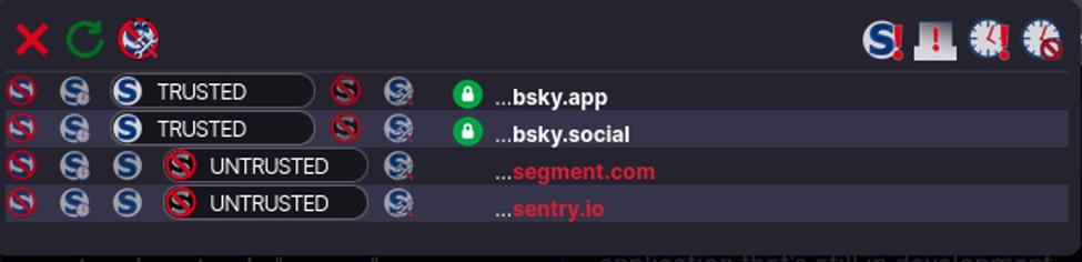 Screenshot of the NoScript extension, showing there are 4 JS scripts running in the background when accessing bsky.app. Two of them are well known trackers (Sentry and Segment)