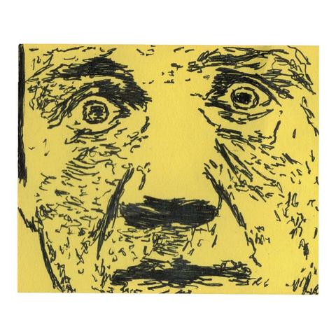 Pen drawing of a young boy looking scared drawn on a yellow Post-It note.