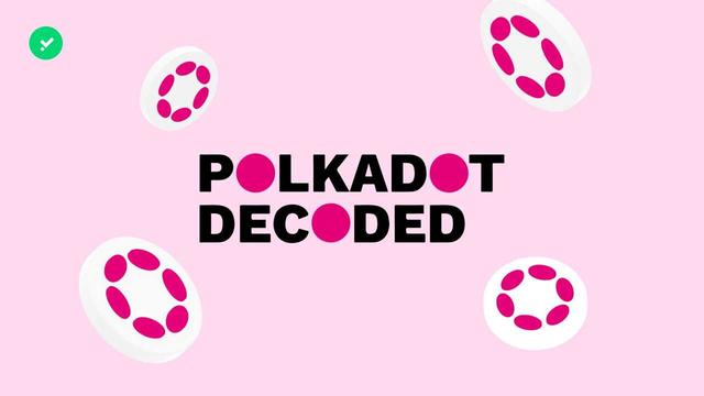Polkadot Decoded convention font logo on a pink background with the Polkadot Dot Coin logos surrounding it.