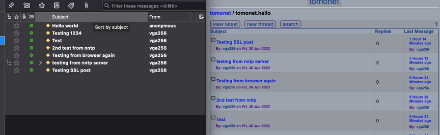 Side-by-side windows showing the tomo distributed network.

Left: A series of messages posted to tomonet.hello in Thunderbird.
Right: A series of messages posted to the same group in a web browser.