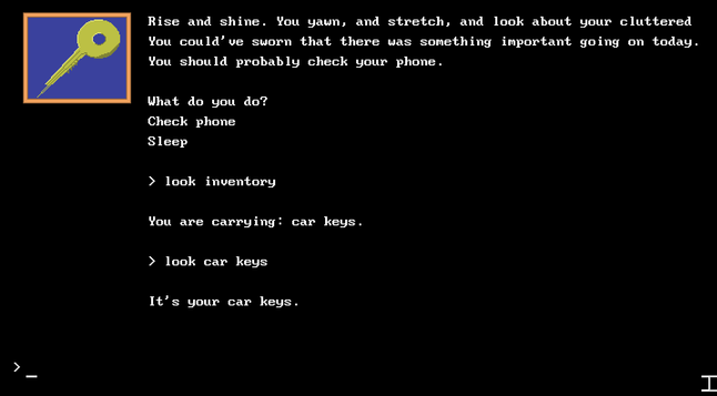 The demo game for my interactive fiction framework, but now when you look at inventory items, it will actually show you the associated graphics.