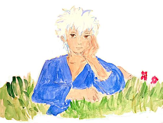 Watercolour painting of Gintoki from Gintama as a child, lying on a field of flowers with a lazy look