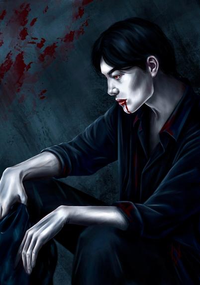 Digital sketch depicting a vampire (handsome Asian guy) who is sitting in a black shirt with blood on it and with blood on his lips.