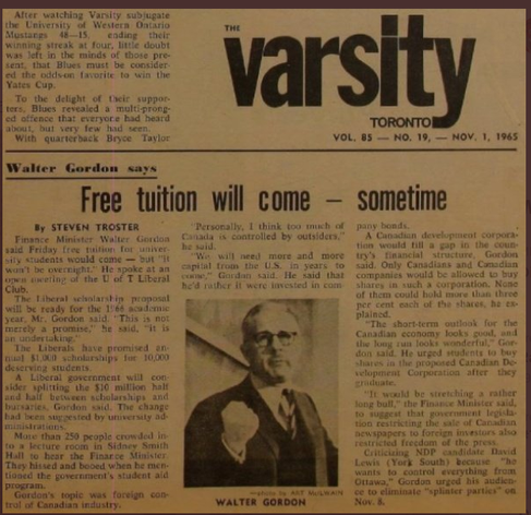 Clip of Canadian Finance Minister Walter Gordon, November, 1965 in University of Toronto student newspaper "The Varsity".