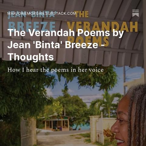 Book cover of The Verandah Poems by Jean 'Binta' Breeze showing Jean sitting on her verandas with a view through an open gate to a bar across the road. There are several green trees framing the image, and to the right are glimpses of a bright blue sky that indicates the heat of the day in the Jamaican countryside.