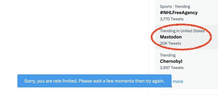 Screenshot from Twitter, showing "Mastodon" trending over a sorry-you-are-rate-limited error.