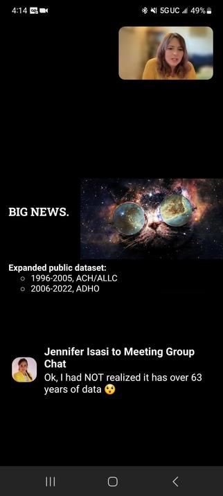 Slide with BIG NEWS about data availability, Nickoal on Zoom.