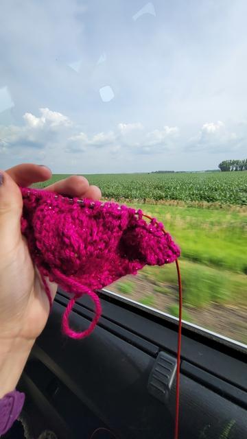 Quinn's hand, and bright pink knitting held up against the window of a car driving through an Iowa cornfield.
