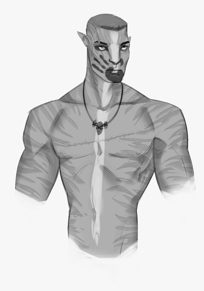 Colonel Miles Quaritch in his recombinant form from Avatar The Way of Water. He has shirtless, wearing traditional paint smeared down his chest in white and a three fingered black handprint over his mouth.