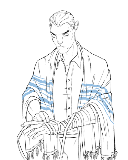 An original character based on James Cameron's Avatar prepares himself for traditional Jewish prayer. He is wearing a yarmulke and a tallin and is wrapping a teffilin around his left arm.