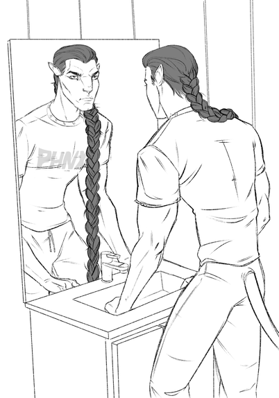 Fawkes Morrion, an original character based in the Avatar The Way of Water universe and a recombinant looks into his bathroom mirror with a placid expression. His braid or "Kuru" which protects his neural whip has been pulled over his right shoulder. he wears a PHNX shirt and sweats provided to all Recombinants by the RDA.  It is his first day being reborn into a new, alien body.