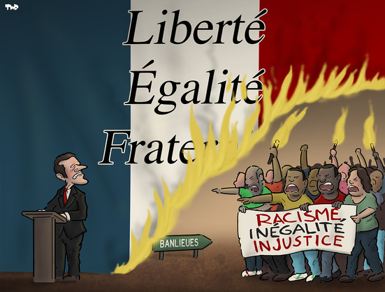 The president looks over to the French flag [Liberté, égalité, frate...]  that is burning revealing the angry crowd of protesters in BANLIEUES> who are shouting, waving their live torches, behind their protest sign 
[RACISME
INEGALITE
INJUSTICE]