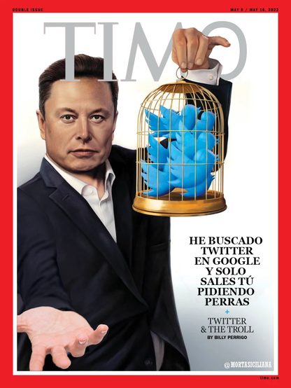 Portada revista Timo con Musk sujetando jaula llena de pájaros azules.