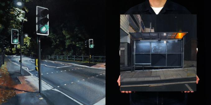 Two paintings, painted realistically showing night scenes. The first painting shows 3 traffic lights of z crossing, on a road surrounded by trees. The second image shows Andy holding onto a painting he's made of a busstop , with pavement and road tarmac showing. In the background is a concrete building and a street light can be seen shining through the perspex glass of the busstops roof.