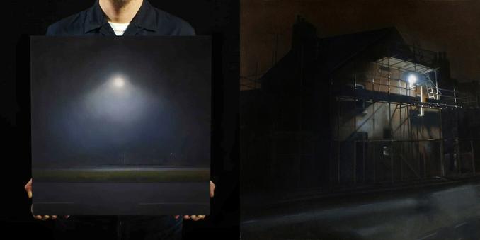 Again, two paintings are shown. On the left, Andy holds a very quiet and still painting of a lone street light surrounded by shadow and mist.

The second shows a house in darkness, silhouetted against a brooding dark sky. A street light sits at the front of the building and is surrounded by scaffolding, its light shows the building is being repaired.