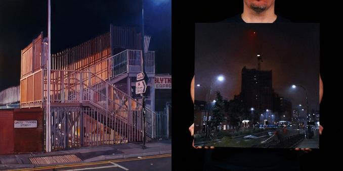 The painting on the left shows step leading up to some kind of enclosed metal bridge.the steps are surrounded by wooden fencing and metal handrails that come together making the whole picture look skeleton like. A warm light shines from the left, a bluish ligh sits on the right, both give the scene a strange warm, pink/purple glow.

The painting on the right shows a tall, looming building in dark silhouette against a night sky. Surrounding it are much lower buildings and city street lights. The contrast between the building's size and style is huge. A strange gothic feeling of looming castles is evoked though what is seen is contemporary.