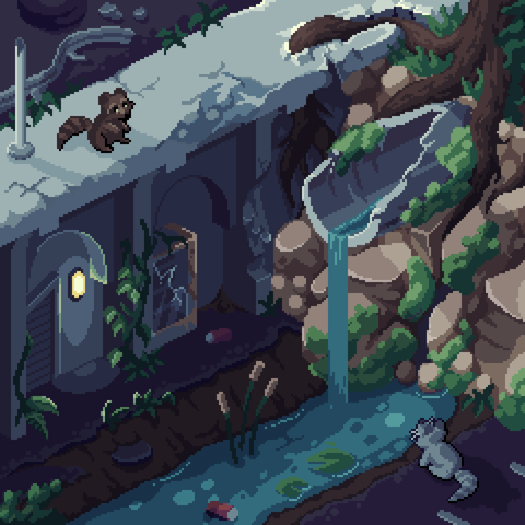 A post-apocalpytic scene with a crumbling highway, a broken pipe with water trickling into a river below, and two raccoons on each side looking at eachother.