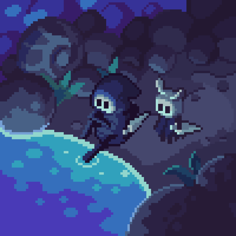 A scene from Hollow Knight, drawn in Pixel art. Quirrel is seen sitting down next to the Blue lake. The Knight is standing next to him