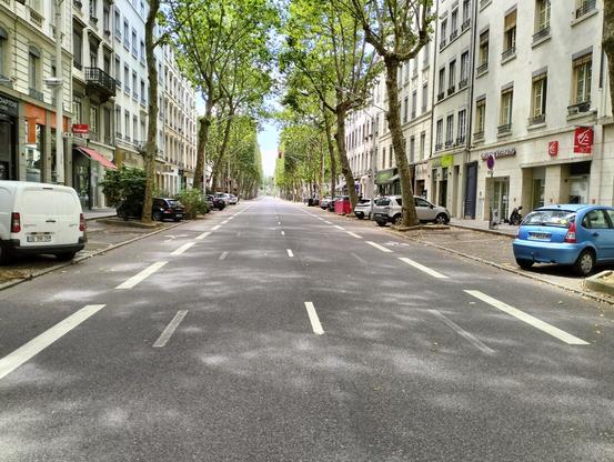 Photo du cour Vitton, Lyon 6e, axe a 2 voies de circulation voitures et une bande cyclable dans chaque sens, des arbres décorent l'axe, très commerçant, un très bon glacier se cache sur la droite de la photo
