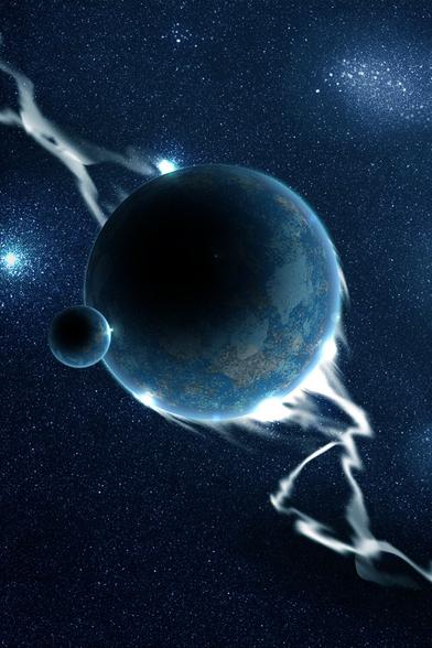 Painting of a planet with a gas-aura hanging in space. It's the night-side with some continents barely visible. A moon is hanging in front of it.