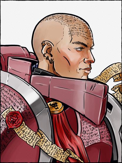 Watercolour coloured inkdrawing. A portrait of First Chaplain Erebus of the Word Bearers. He is wearing armour with a lot of scripture on it and is facing right with a serene face.