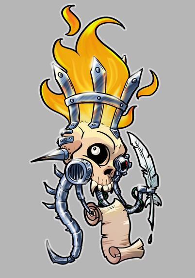 Coloured cartoony drawing of a Servo Skull with a burning crown holding parchment an quill. It is looking at the viewer.