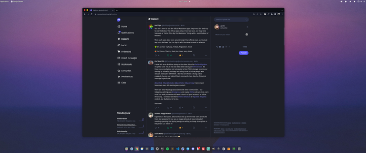 A desktop screenshot with Mastodon with Mastodon Bird UI enabled.
