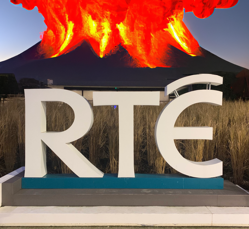 A photo montage of the RTE logo with a huge volcano erupting behind it.