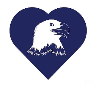 College Mascot Designs has an eagle mascot inside a navy blue heart.
