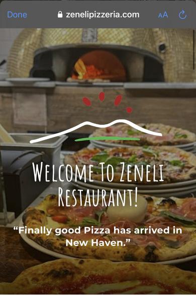 Screengrab of the Zeneli’s web site home page (zenelispizza.com), which prominently throws down the gauntlet: “Finally good Pizza (sic) has arrived in New Haven.”