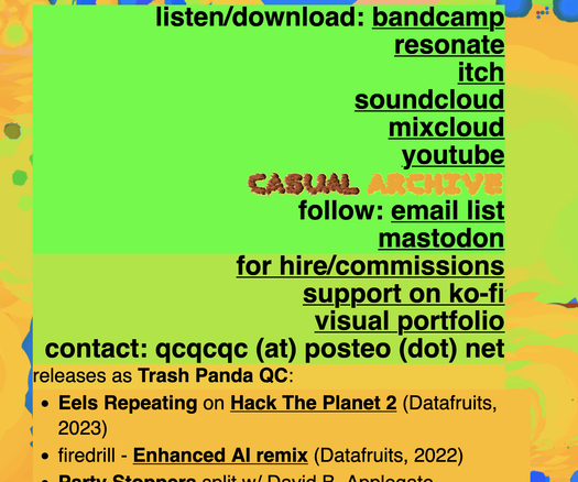 a screenshot of https://trashpandaqc.xyz, showing links and part of my discography