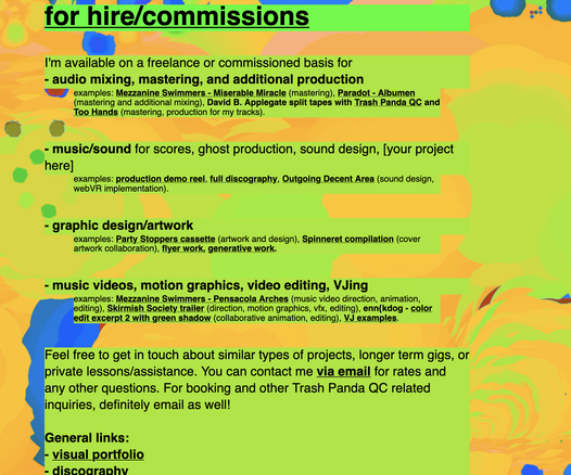 a screenshot of https://trashpandaqc.xyz, showing information on my freelance work