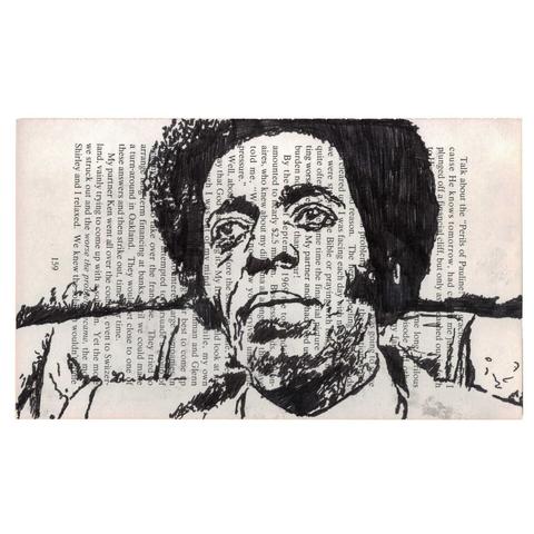 Pen drawing of a man with an afro wearing a suit drawn on a torn-out book page.