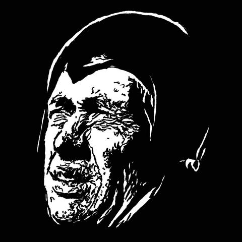 Pen drawing of David Carradine wearing a raing helment and sneering drawn on a black background.