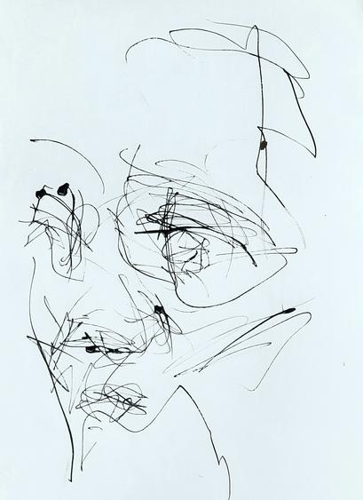 Woman's face in 3/4 profile drawn in thin ink lines on white paper
