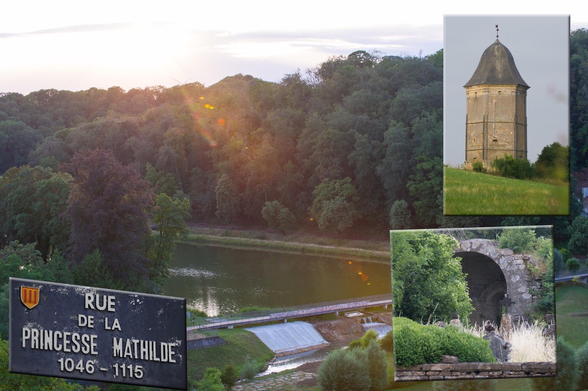 Vue du plan d’eau de la Sangsue à Briey avec en encadrés la plaque de la Rue de la princesse Mathilde, la tour-pigeonnier de l’ancienne abbaye de Saint-Pierremont et les ruines de la nef de l’église du prieuré de Sancy.