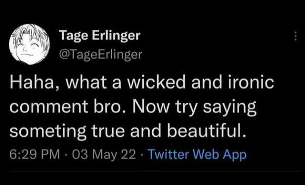Tweet by Tage Erlinger: “Haha, what a wicked and ironic comment bro. Now try saying something true and beautiful”