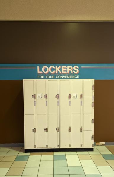 Group of white metal lockers in front of a brown wall