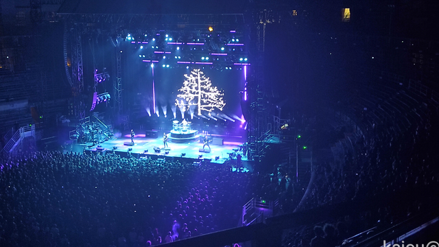 Photo de la scène des arènes de Nîmes pendant le concert de Gojira. On y voit un bout de la foule en fosse, les membres du groupe et leurs installations lumineuses. En arrière plan il y a une image d'un arbre blanc sur fond noir.