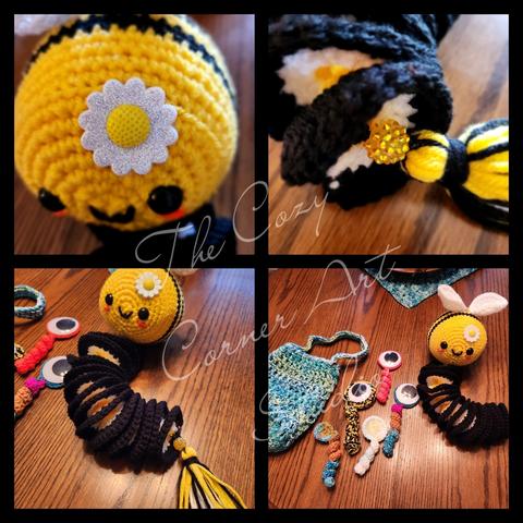 Crochet Bee Windspinner, Market Bag and Worry Worms.