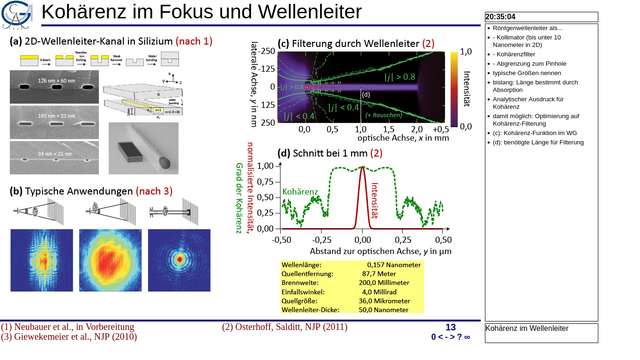 Vortragsfolie „Kohärenz im Fokus und Wellenleiter“, vier Teile.

(a) Herstellung eines 2D-Wellenleiter in Silizium (die Grafik hatten wir vorhin schon einmal).

(b) Typische Anwendung (mit holografischen Daten von 2011): Drei Skizzen, in denen ein Siemensstern als Testobjekt an verschiedenene Stellen im Kegel- oder Parallelstrahl steht, darunter echte Daten.

(c) numerische Simulation, in Falschfarben dargestellt: Intensität im Röntgenfokus (vertikale Achse) entlang der optischen Achse (horizontal); von links wird der Strahl fokussiert; direkt im Fokus (quasi an der hellsten Stelle) ist der Wellenleitereingang: die Röntgenstrahlung wird „gefangen” und (hier) über 2 Millimeter im Kanal geführt; rechts divergiert der Strahl. Grüne Linien geben die Kohärenzlänge an: sie driften schnell nach außen, das heißt der Strahl wird kohärenter.

(d) Schnitt durch Intensität und Kohärenzfunktion nach 1 mm Propagation durch den Wellenleiter: Die Intensität ist auf ca. 50 Nanometer begrenzt, die Kohäerenzlänge fast zehn mal größer; vor dem Wellenleiter war die Kohärenzlänge nur etwa ein Drittel der Fokusbreite.

Darunter eine Tabelle mit geometrischen/physikalischen Parametern.