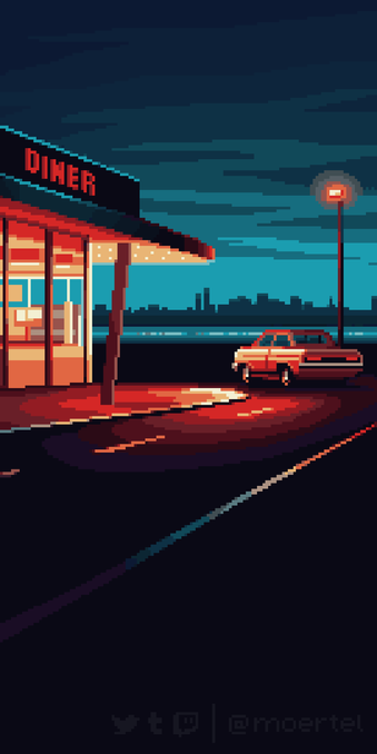 Pixel art drawing of a 60s themed diner next to a highway with a car parking next to it and a skyline in the distince.