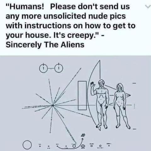 Bild von der berühmten Plakette der Pioneer Sonde, gezeigt sind zwei Menschen als Strichzeichnung. Nackt.

Überschrift: Humans! Please don't send us any more unsolicited nude pics with instructions on how to get to your house. It's creepy." -
Sincerely The Aliens