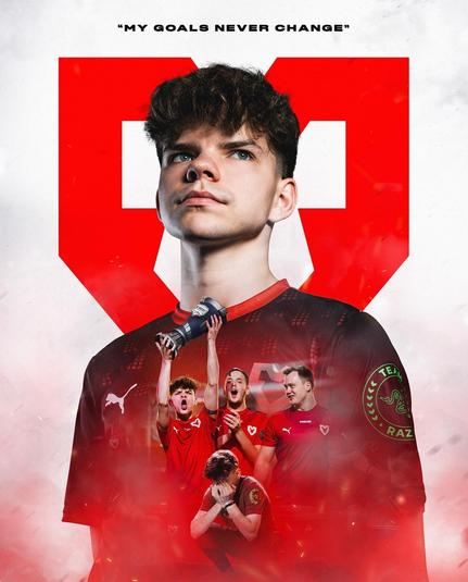 grafika prezentująca polskiego zawodnika na tle czerwonego logo Mouz na białym tle, na górze napis "My goals never change", koszulke zawodnika pokrywa grafika z jednego z turniejow, gdzie druzyna podnosi puchar