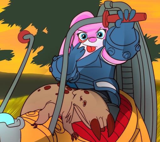 A Chua from Wildstar. Riding a motorbike. Sticking it's tongue out at the viewer.