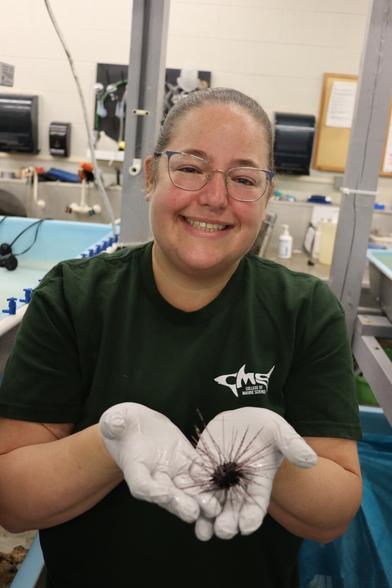 A photo of me (45 year old woman) smiling at the camera in an aquarium facility. I’m wearing gloves and holding a black long-spined sea urchin in my hands
