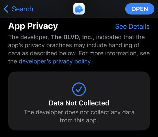 The “App Privacy” section of “Mammoth” in the iOS App Store. It says “The developer does not collect any data from this app.”